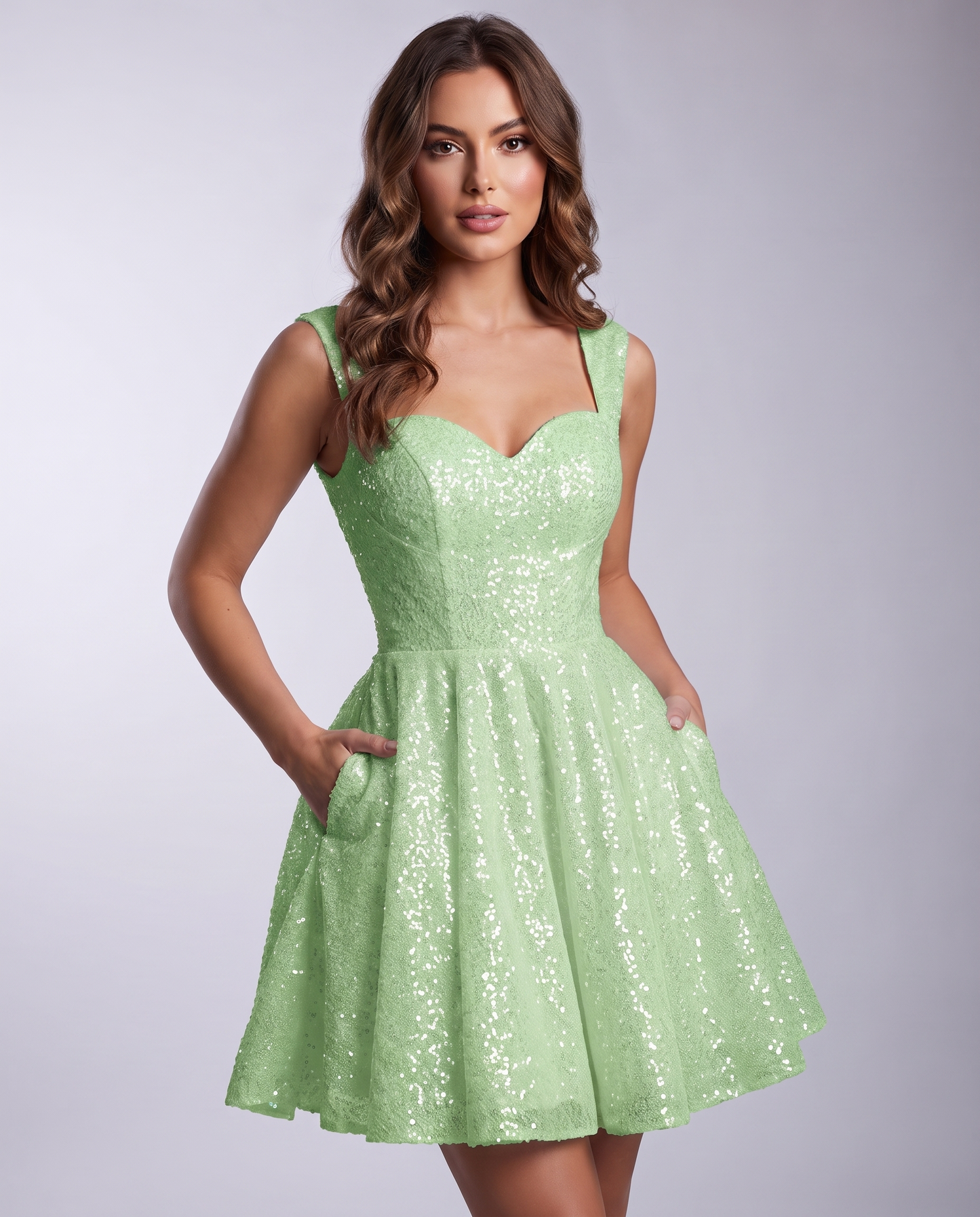 Sequined Tulle Sleeveless Sweetheart A-Line Mini Dress for Party, Cocktail, Prom, Evening, Summer & Wedding Guest Occasions, 