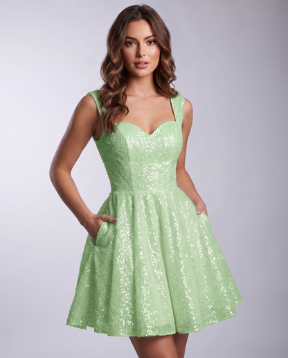 Sequined Tulle Sleeveless Sweetheart A-Line Mini Dress for Party, Cocktail, Prom, Evening, Summer & Wedding Guest Occasions, 