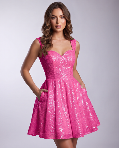 Sequined Tulle Sleeveless Sweetheart A-Line Mini Dress for Party, Cocktail, Prom, Evening, Summer & Wedding Guest Occasions i