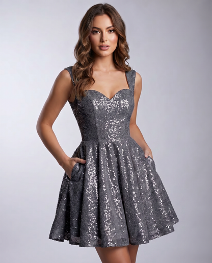 Sequined Tulle Sleeveless Sweetheart A-Line Mini Dress for Party, Cocktail, Prom, Evening, Summer & Wedding Guest Occasions i