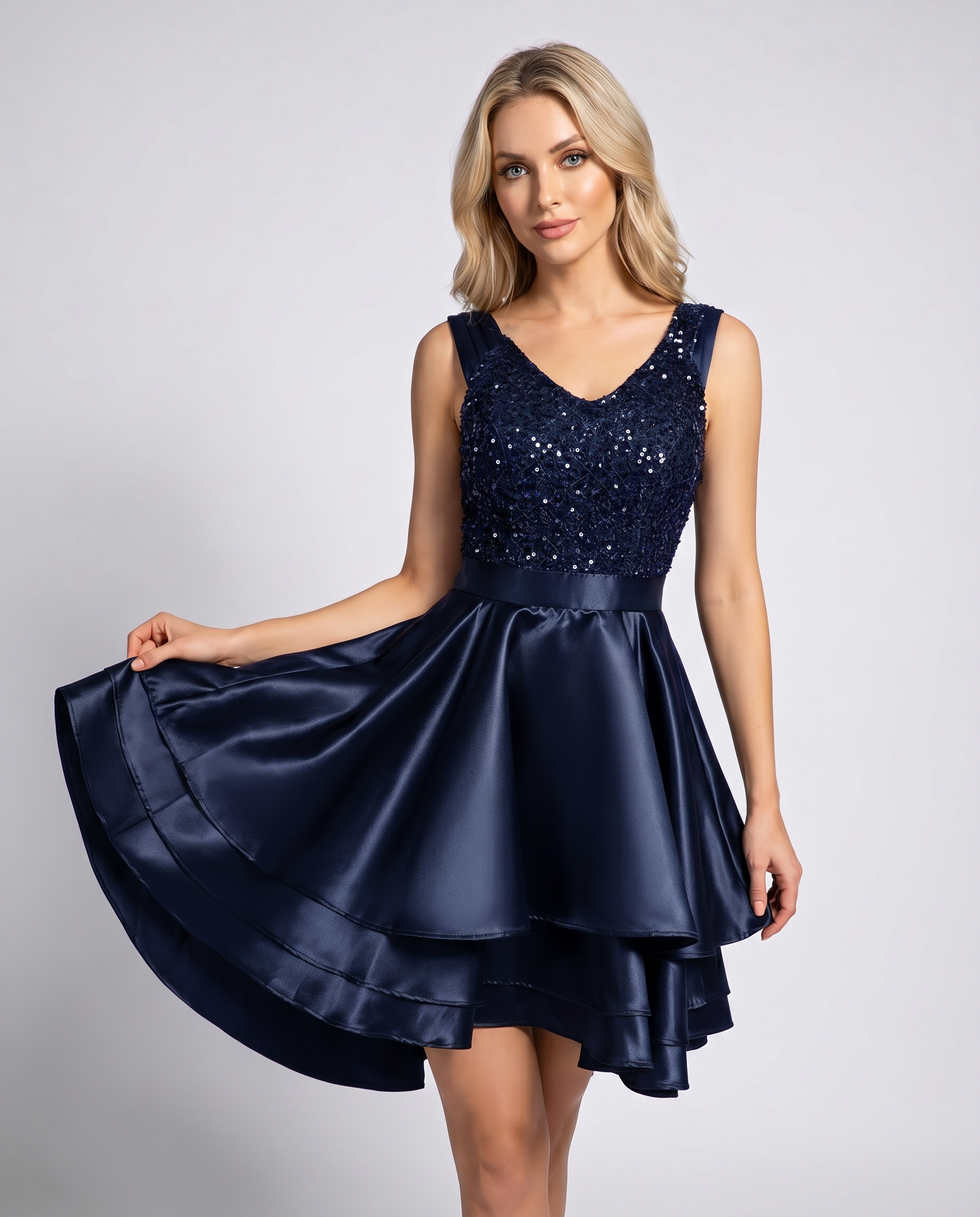 100% Polyester Sleeveless V-Neck A-Line Mini Dress with Sequined Bodice for Party, Cocktail, Evening, Summer & Wedding Guest 