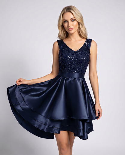 100% Polyester Sleeveless V-Neck A-Line Mini Dress with Sequined Bodice for Party, Cocktail, Evening, Summer & Wedding Guest 