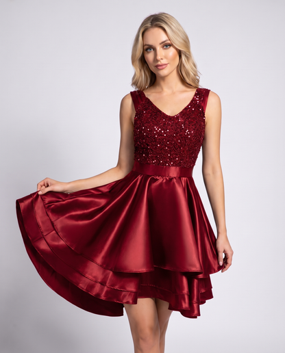 100% Polyester Sleeveless V-Neck A-Line Mini Dress with Sequined Bodice for Party, Cocktail, Evening, Summer & Wedding Guest 