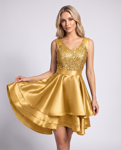 100% Polyester Sleeveless V-Neck A-Line Mini Dress with Sequined Bodice for Party, Cocktail, Evening, Summer & Wedding Guest 