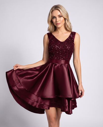 100% Polyester Sleeveless V-Neck A-Line Mini Dress with Sequined Bodice for Party, Cocktail, Evening, Summer & Wedding Guest 