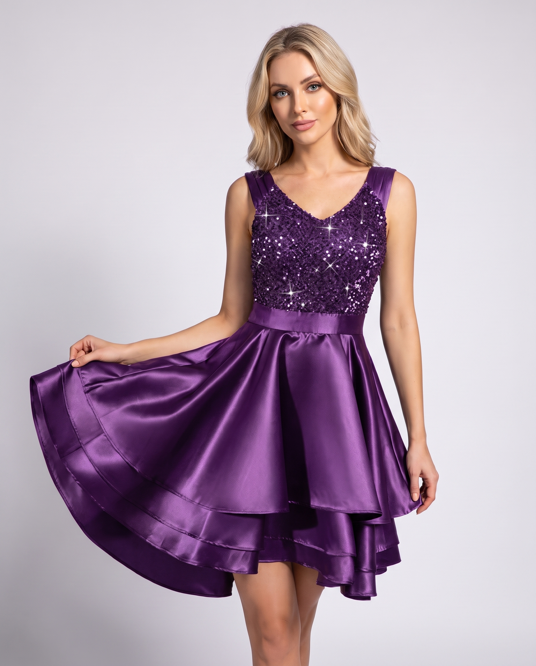 100% Polyester Sleeveless V-Neck A-Line Mini Dress with Sequined Bodice for Party, Cocktail, Evening, Summer & Wedding Guest 