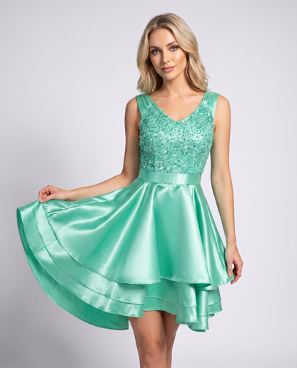 100% Polyester Sleeveless V-Neck A-Line Mini Dress with Sequined Bodice for Party, Cocktail, Evening, Summer & Wedding Guest 