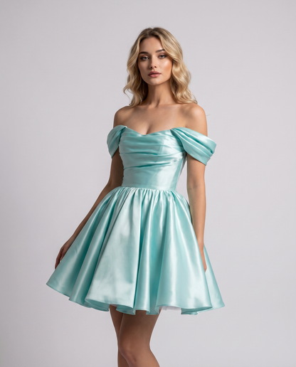 Polyester Satin Off-the-Shoulder Sweetheart A-Line Mini Dress for Party, Cocktail, Evening, Summer, Wedding Guest & Prom Even