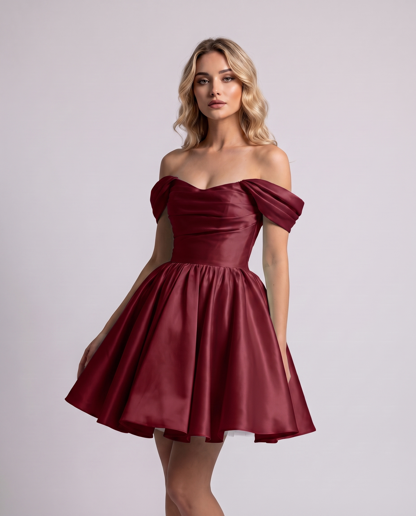 Polyester Satin Off-the-Shoulder Sweetheart A-Line Mini Dress for Party, Cocktail, Evening, Summer, Wedding Guest & Prom Even