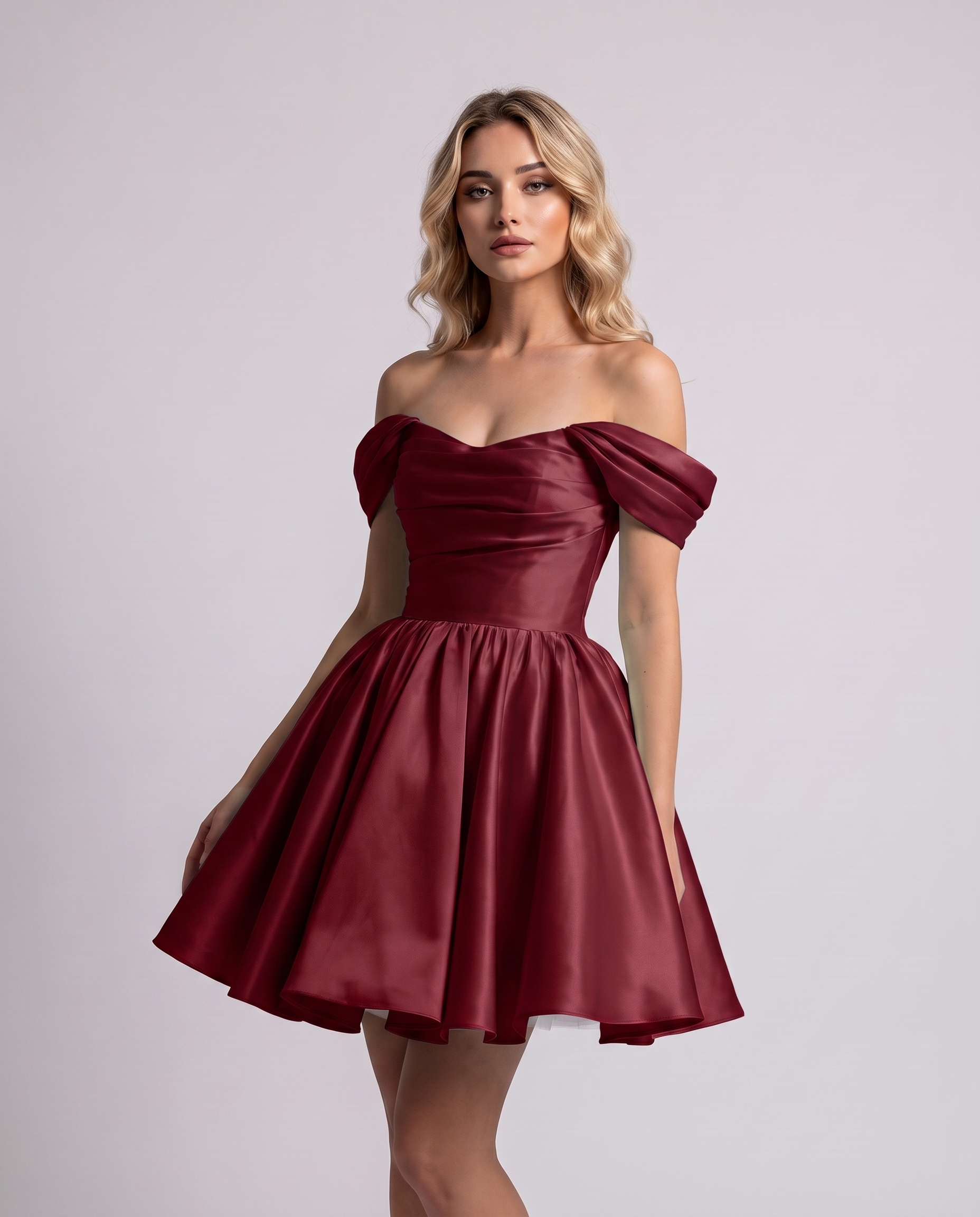 Polyester Satin Off-the-Shoulder Sweetheart A-Line Mini Dress for Party, Cocktail, Evening, Summer, Wedding Guest & Prom Even