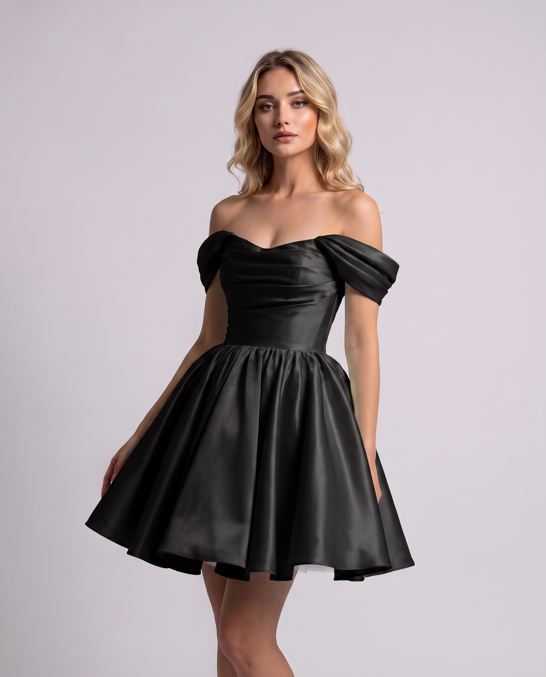 Polyester Satin Off-the-Shoulder Sweetheart A-Line Mini Dress for Party, Cocktail, Evening, Summer, Wedding Guest & Prom Even