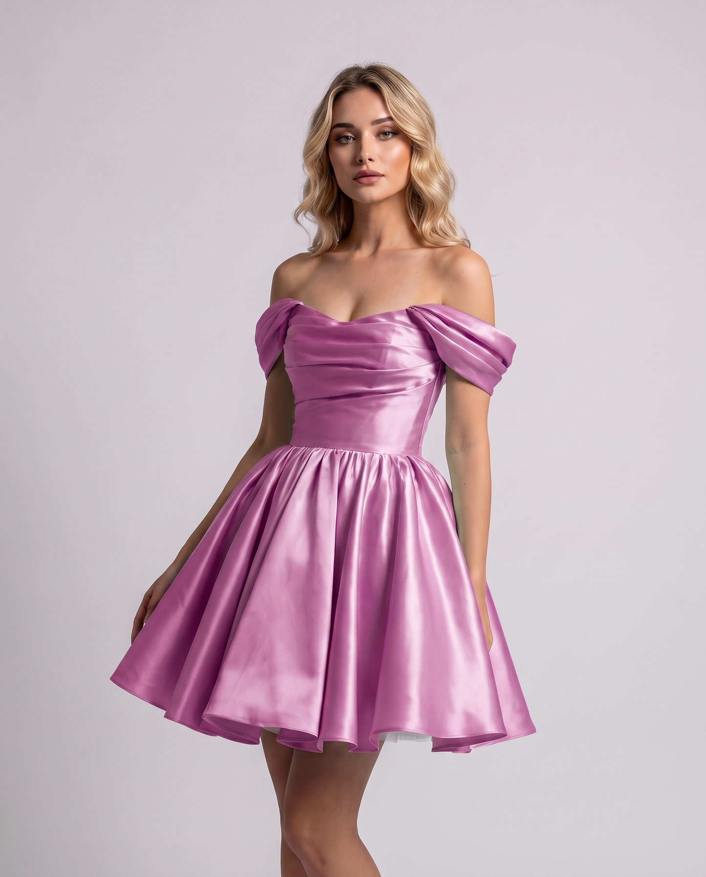 Polyester Satin Off-the-Shoulder Sweetheart A-Line Mini Dress for Party, Cocktail, Evening, Summer, Wedding Guest & Prom Even