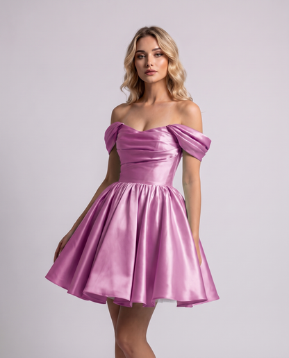 Polyester Satin Off-the-Shoulder Sweetheart A-Line Mini Dress for Party, Cocktail, Evening, Summer, Wedding Guest & Prom Even
