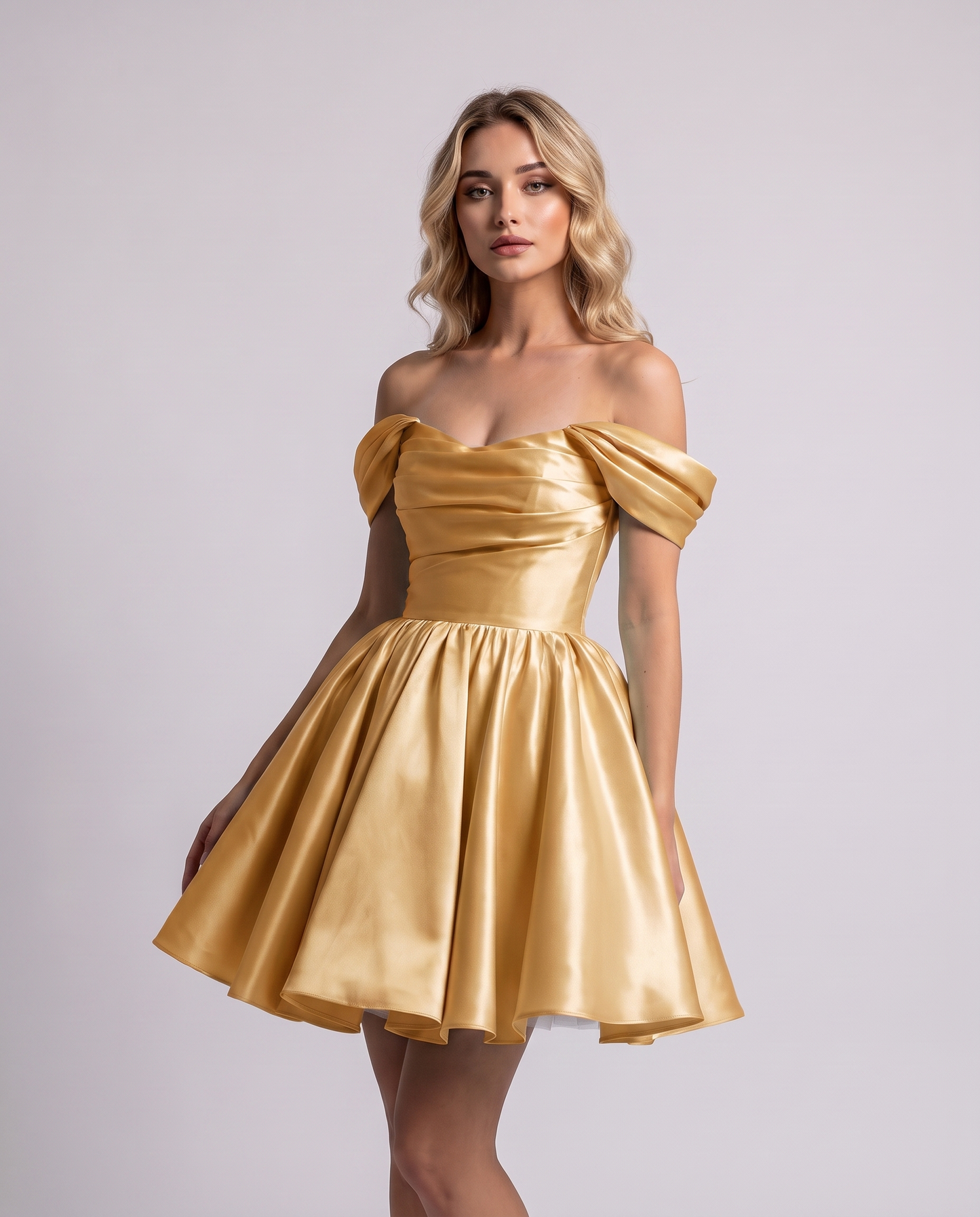 Polyester Satin Off-the-Shoulder Sweetheart A-Line Mini Dress for Party, Cocktail, Evening, Summer, Wedding Guest & Prom Even