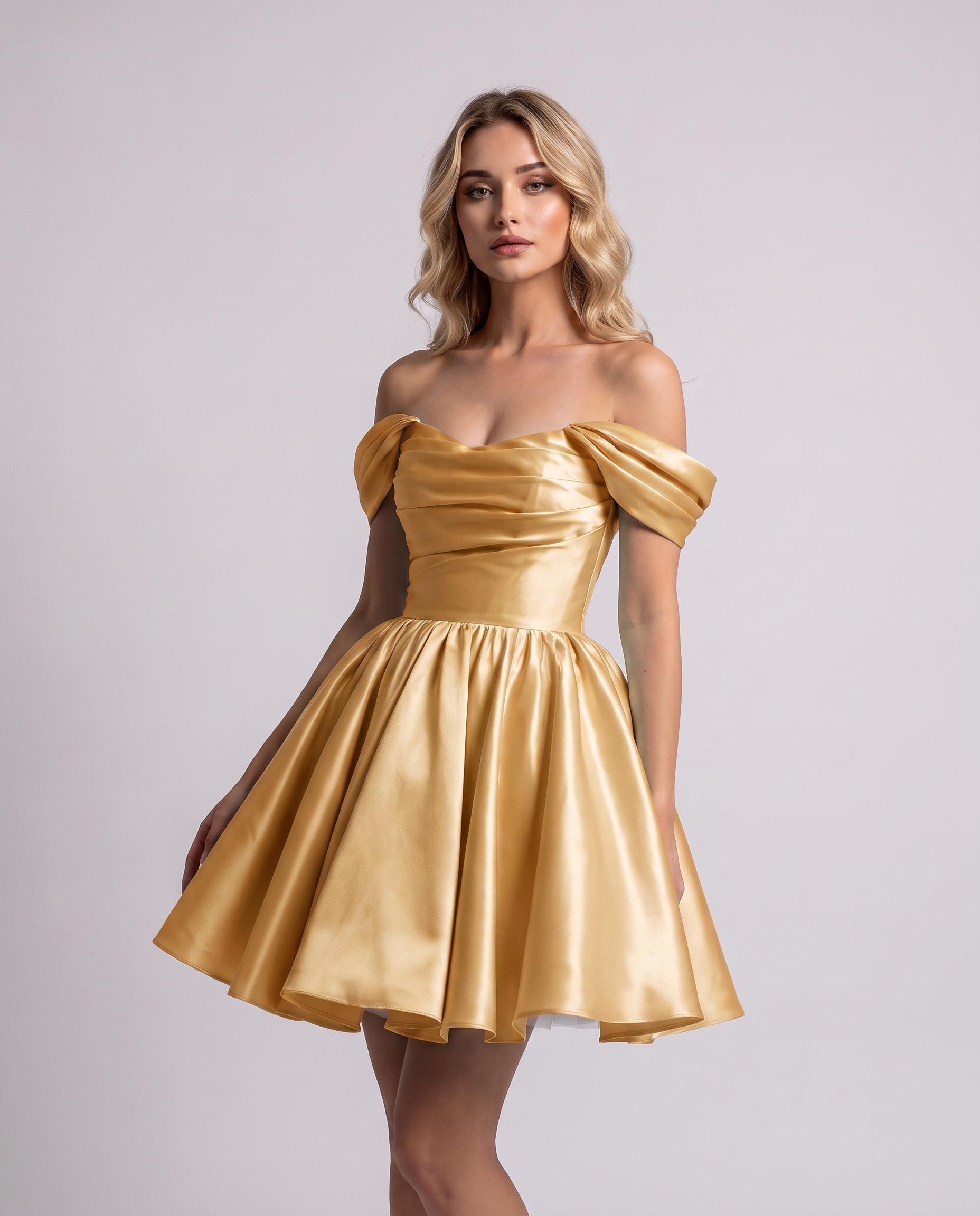 Polyester Satin Off-the-Shoulder Sweetheart A-Line Mini Dress for Party, Cocktail, Evening, Summer, Wedding Guest & Prom Even
