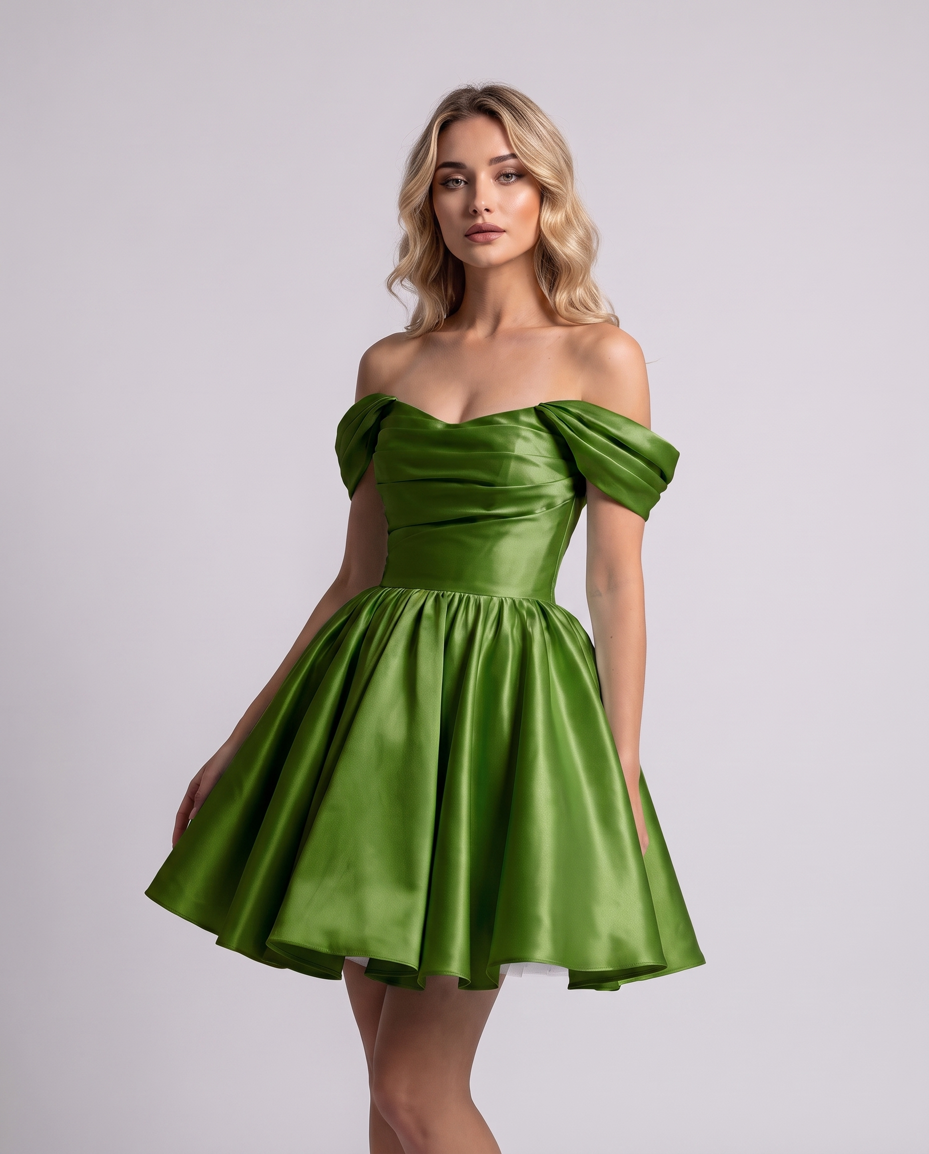Polyester Satin Off-the-Shoulder Sweetheart A-Line Mini Dress for Party, Cocktail, Evening, Summer, Wedding Guest & Prom Even