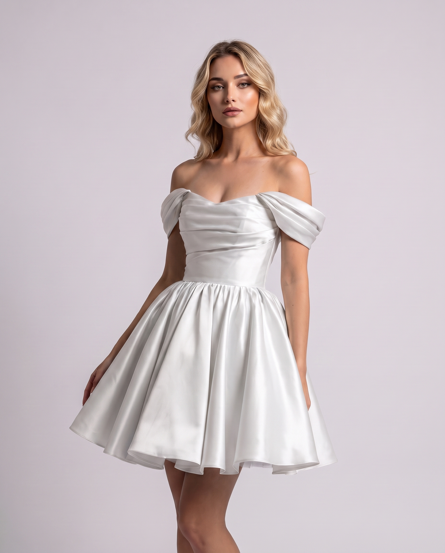 Polyester Satin Off-the-Shoulder Sweetheart A-Line Mini Dress for Party, Cocktail, Evening, Summer, Wedding Guest & Prom Even