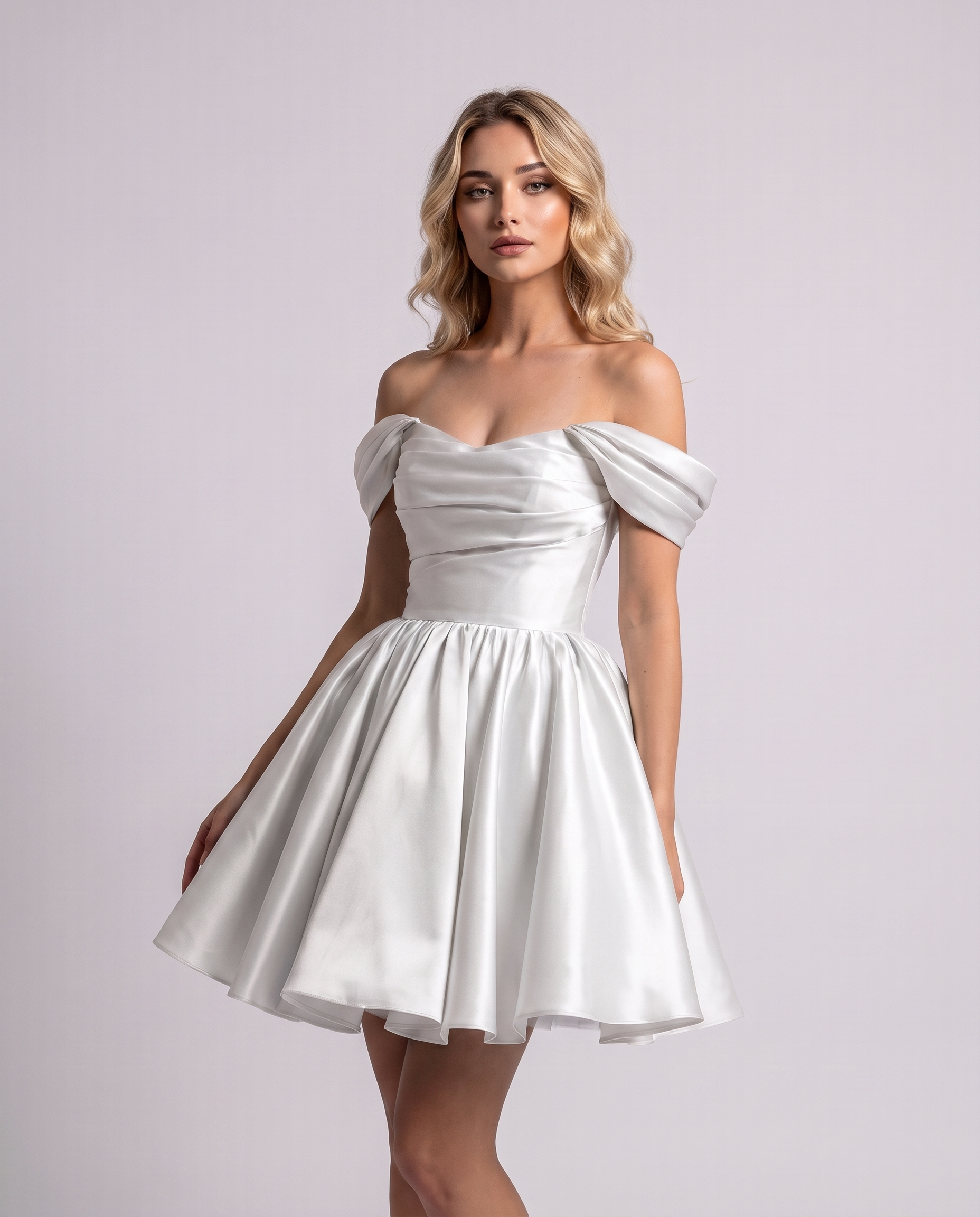 Polyester Satin Off-the-Shoulder Sweetheart A-Line Mini Dress for Party, Cocktail, Evening, Summer, Wedding Guest & Prom Even