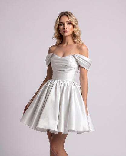 Polyester Satin Off-the-Shoulder Sweetheart A-Line Mini Dress for Party, Cocktail, Evening, Summer, Wedding Guest & Prom Even