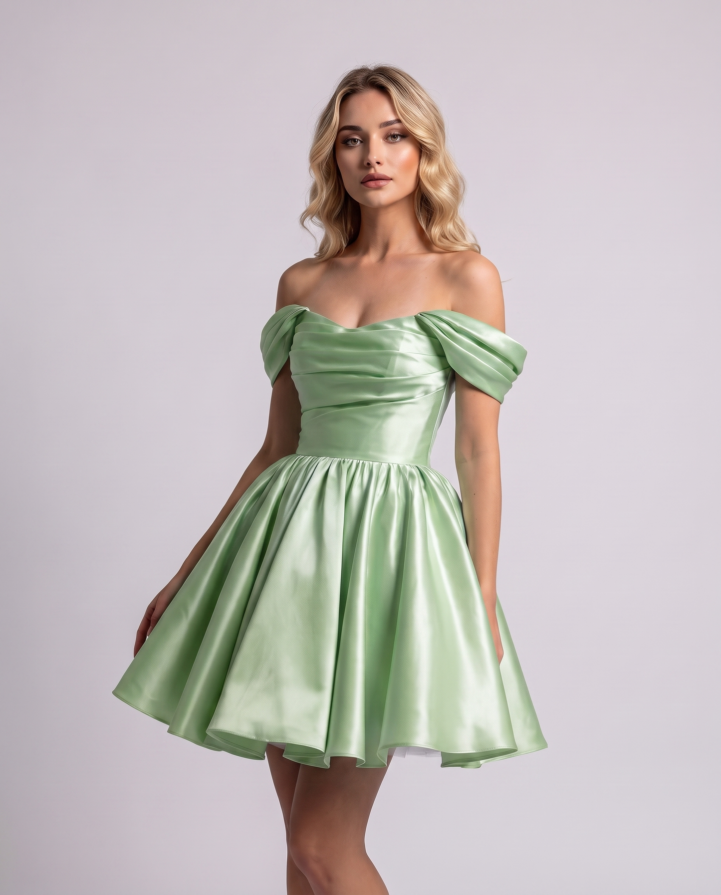 Polyester Satin Off-the-Shoulder Sweetheart A-Line Mini Dress for Party, Cocktail, Evening, Summer, Wedding Guest & Prom Even