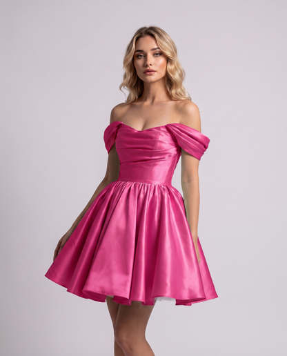 Polyester Satin Off-the-Shoulder Sweetheart A-Line Mini Dress for Party, Cocktail, Evening, Summer, Wedding Guest & Prom Even