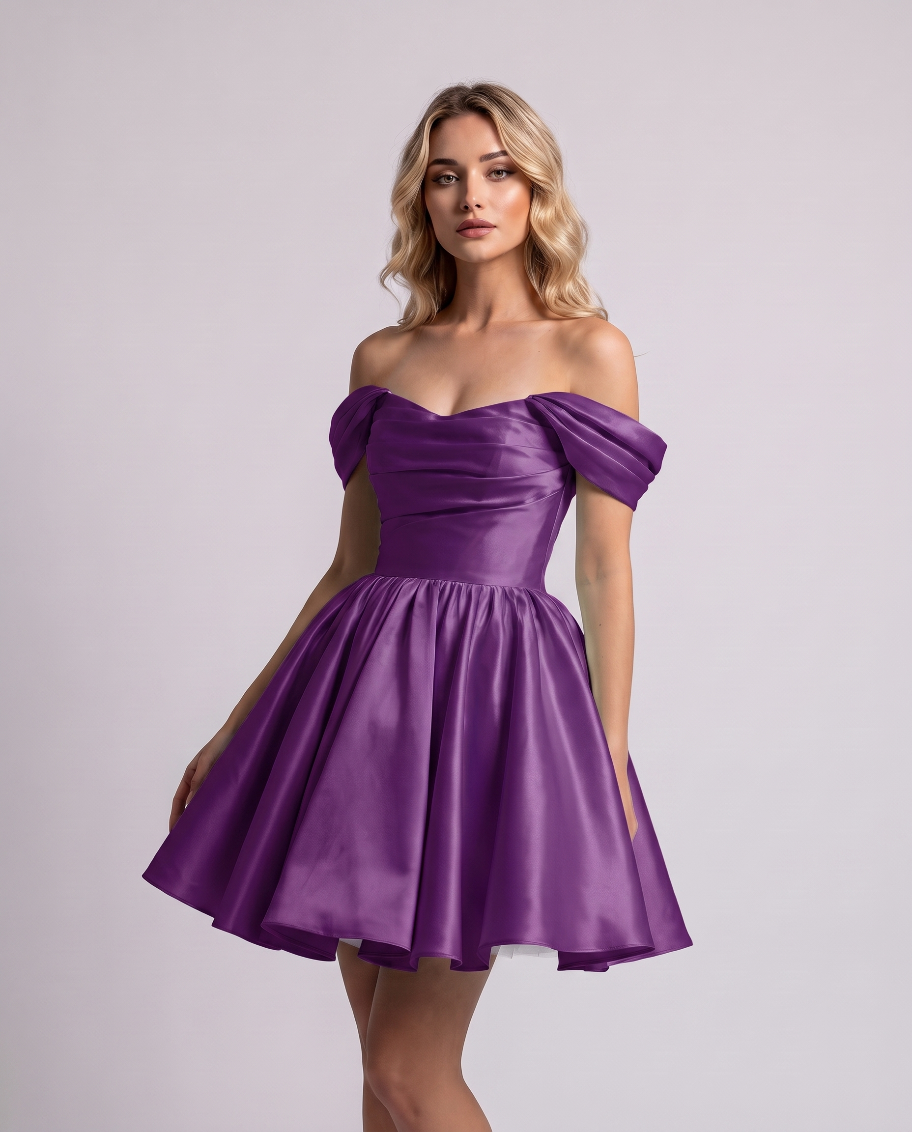 Polyester Satin Off-the-Shoulder Sweetheart A-Line Mini Dress for Party, Cocktail, Evening, Summer, Wedding Guest & Prom Even