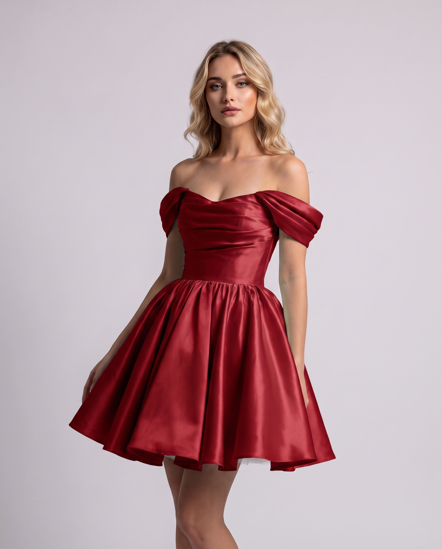 Polyester Satin Off-the-Shoulder Sweetheart A-Line Mini Dress for Party, Cocktail, Evening, Summer, Wedding Guest & Prom Even