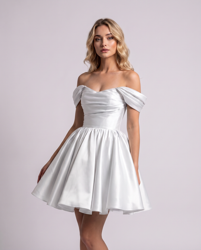 Polyester Satin Off-the-Shoulder Sweetheart A-Line Mini Dress for Party, Cocktail, Evening, Summer, Wedding Guest & Prom Even