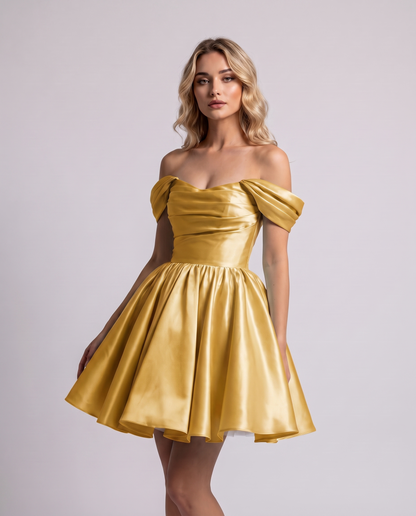 Polyester Satin Off-the-Shoulder Sweetheart A-Line Mini Dress for Party, Cocktail, Evening, Summer, Wedding Guest & Prom Even