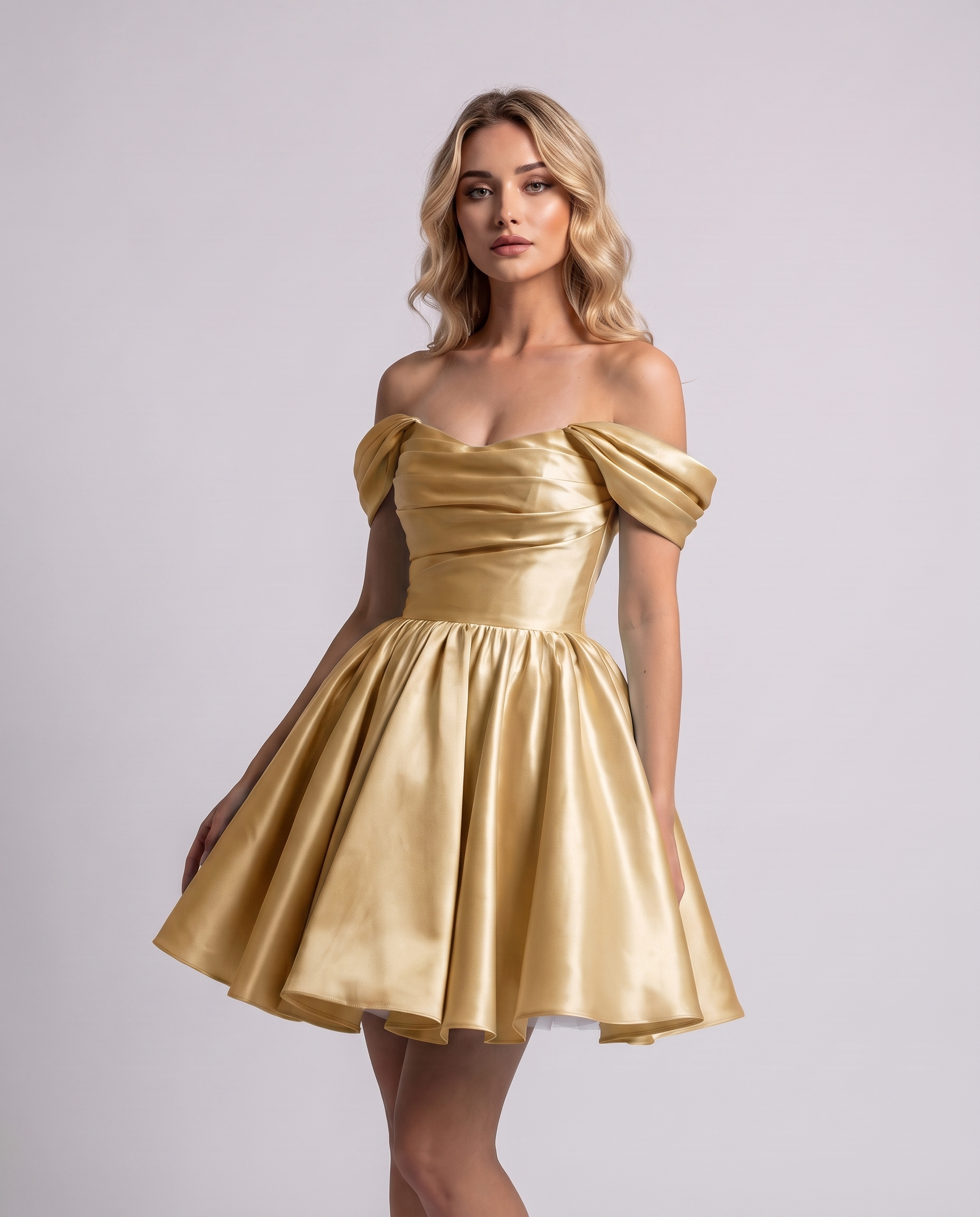 Polyester Satin Off-the-Shoulder Sweetheart A-Line Mini Dress for Party, Cocktail, Evening, Summer, Wedding Guest & Prom Even