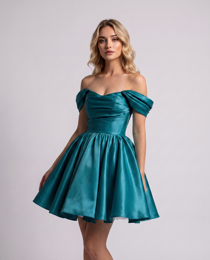 Polyester Satin Off-the-Shoulder Sweetheart A-Line Mini Dress for Party, Cocktail, Evening, Summer, Wedding Guest & Prom Even