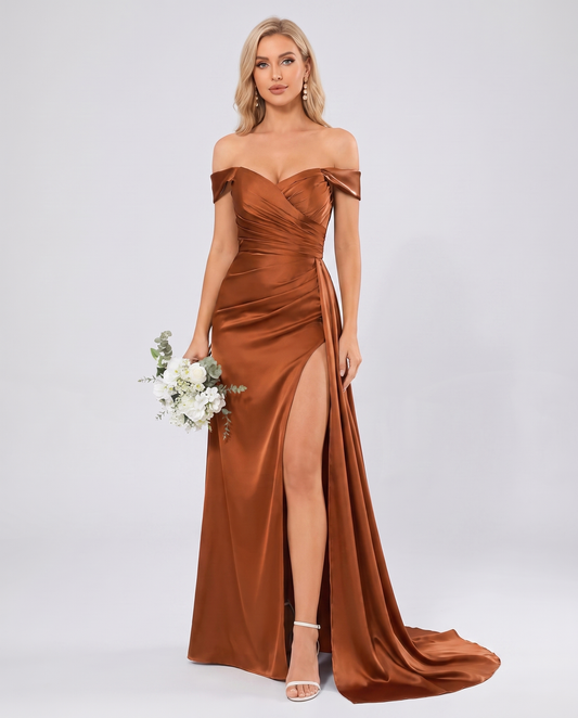 Polyester Satin Off-the-Shoulder Sweetheart A-Line Maxi Evening Dress for Party, Cocktail, Wedding Guest, Formal Events & Sum
