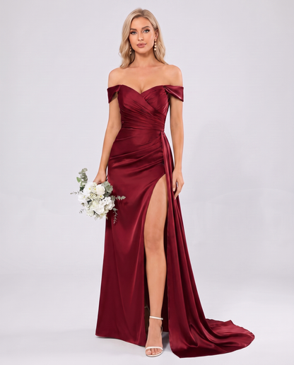Polyester Satin Off-the-Shoulder Sweetheart A-Line Maxi Evening Dress for Party, Cocktail, Wedding Guest, Formal Events & Sum