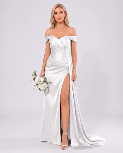 Polyester Satin Off-the-Shoulder Sweetheart A-Line Maxi Evening Dress for Party, Cocktail, Wedding Guest, Formal Events & Sum
