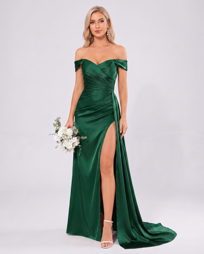 Polyester Satin Off-the-Shoulder Sweetheart A-Line Maxi Evening Dress for Party, Cocktail, Wedding Guest, Formal Events & Sum