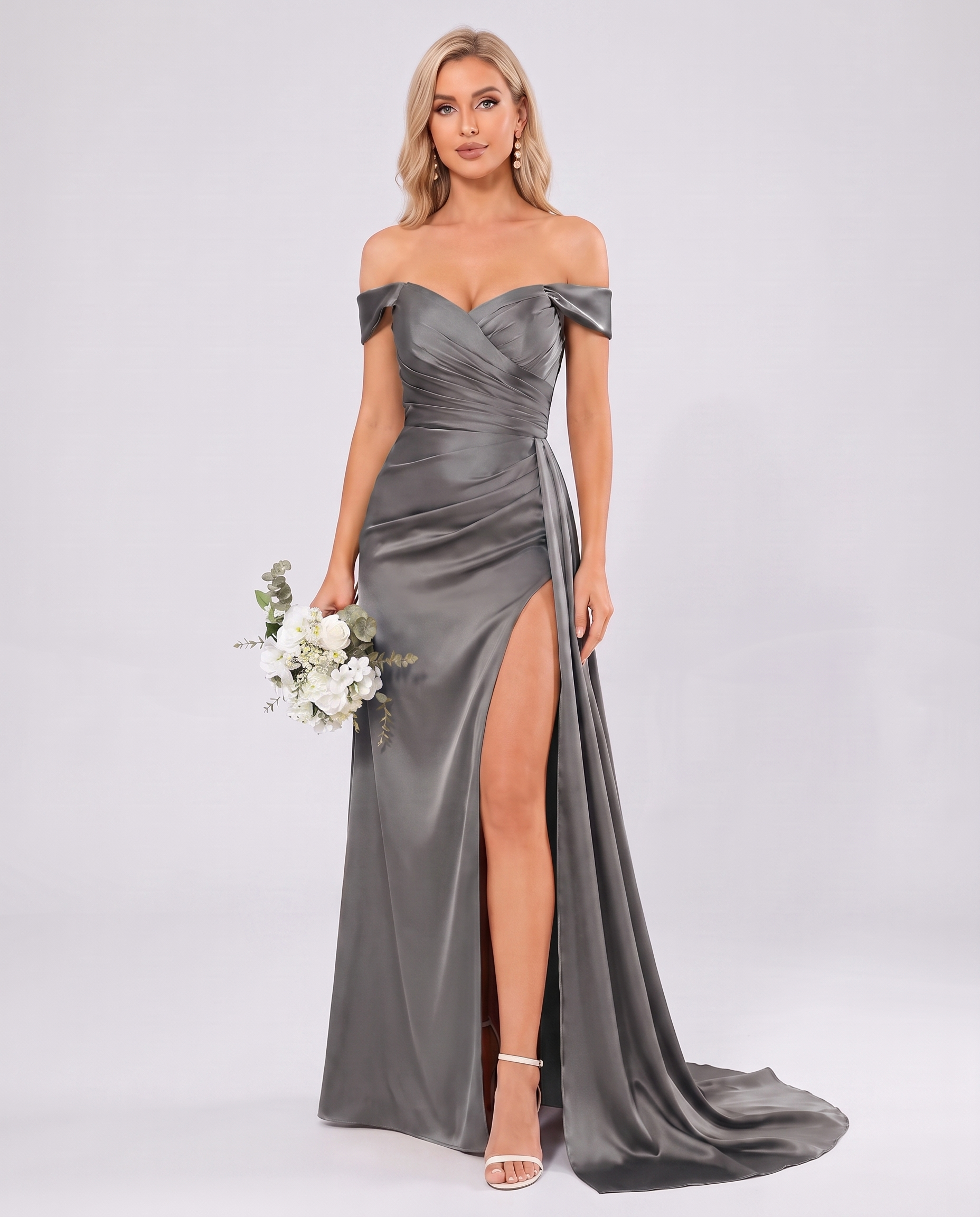 Polyester Satin Off-the-Shoulder Sweetheart A-Line Maxi Evening Dress for Party, Cocktail, Wedding Guest, Formal Events & Sum