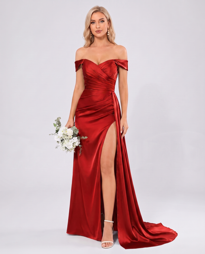 Polyester Satin Off-the-Shoulder Sweetheart A-Line Maxi Evening Dress for Party, Cocktail, Wedding Guest, Formal Events & Sum