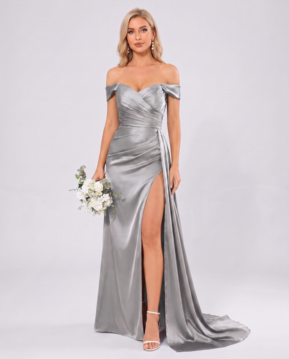 Polyester Satin Off-the-Shoulder Sweetheart A-Line Maxi Evening Dress for Party, Cocktail, Wedding Guest, Formal Events & Sum