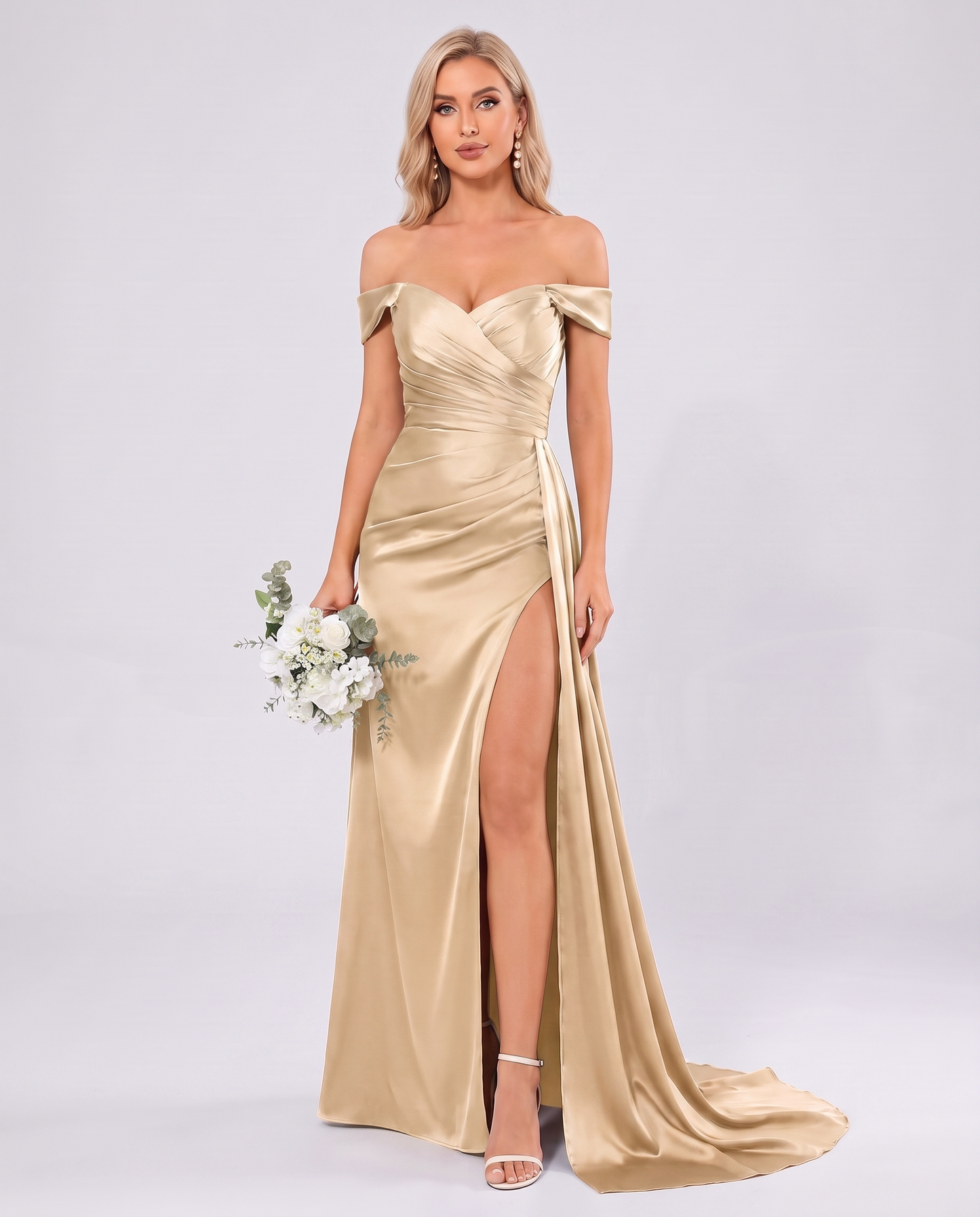 Polyester Satin Off-the-Shoulder Sweetheart A-Line Maxi Evening Dress for Party, Cocktail, Wedding Guest, Formal Events & Sum