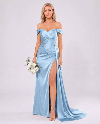 Polyester Satin Off-the-Shoulder Sweetheart A-Line Maxi Evening Dress for Party, Cocktail, Wedding Guest, Formal Events & Sum