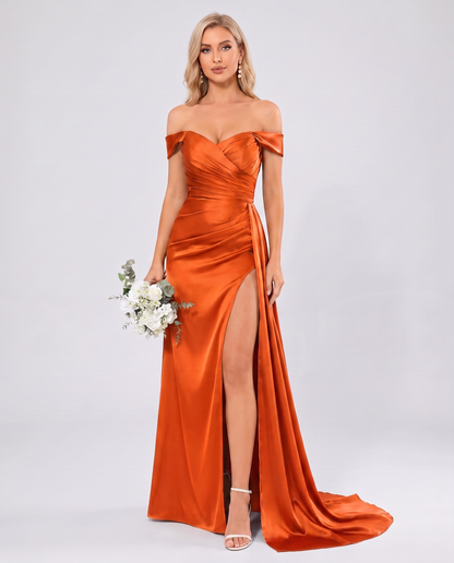 Polyester Satin Off-the-Shoulder Sweetheart A-Line Maxi Evening Dress for Party, Cocktail, Wedding Guest, Formal Events & Sum
