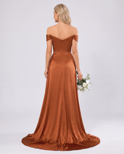 Polyester Satin Off-the-Shoulder Sweetheart A-Line Maxi Evening Dress for Party, Cocktail, Wedding Guest, Formal Events & Sum