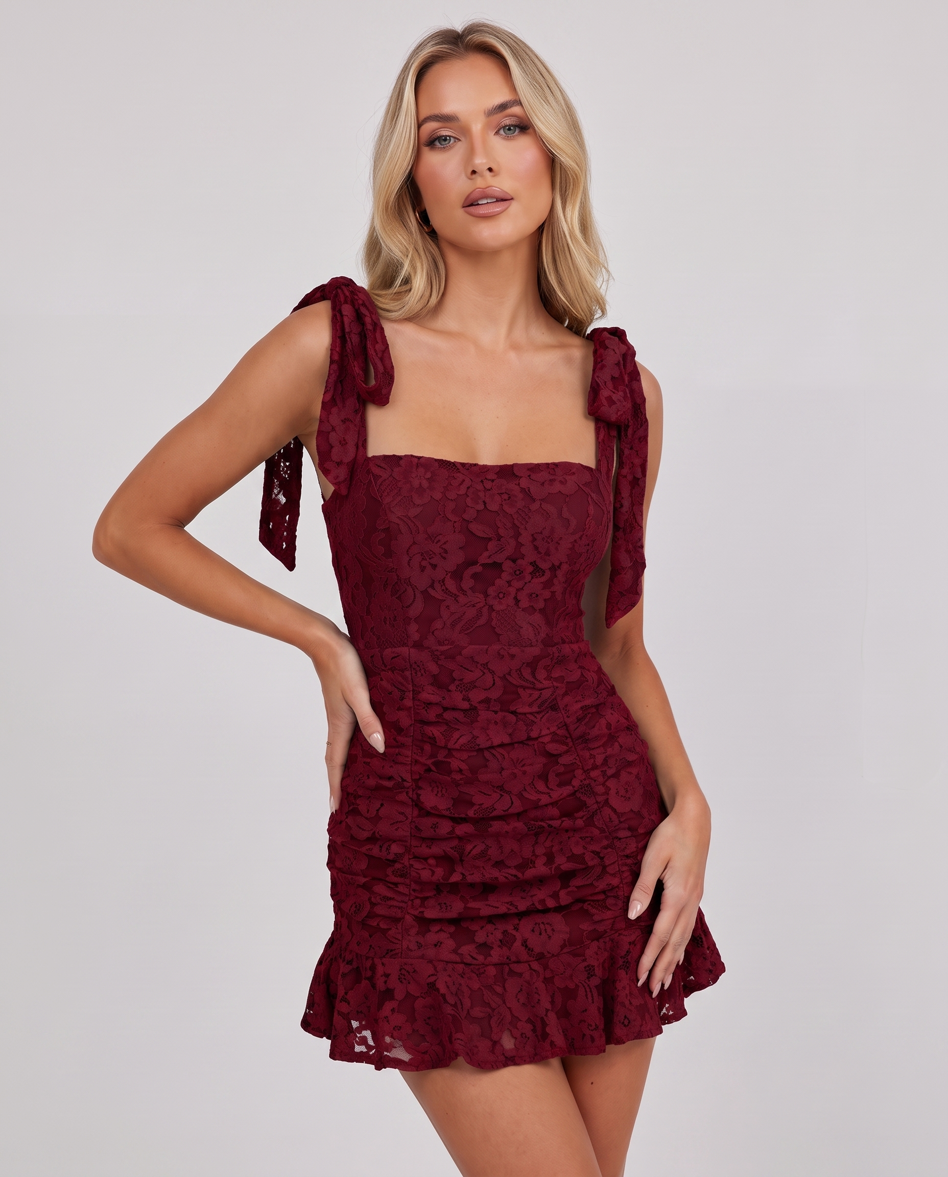 Floral Lace Sleeveless Square Neck Fitted Mini Dress with Tie Straps for Party, Cocktail, Homecoming, Evening, Summer & Weddi