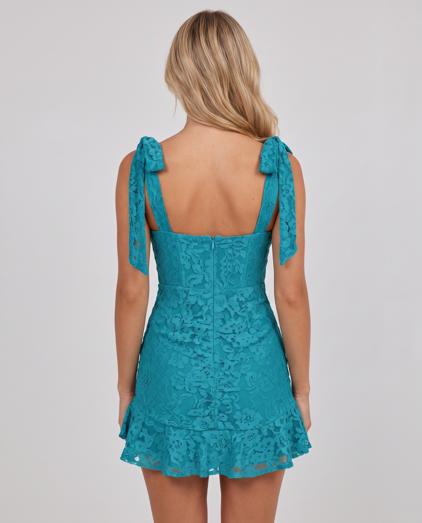Floral Lace Sleeveless Square Neck Fitted Mini Dress with Tie Straps for Party, Cocktail, Homecoming, Evening, Summer & Weddi