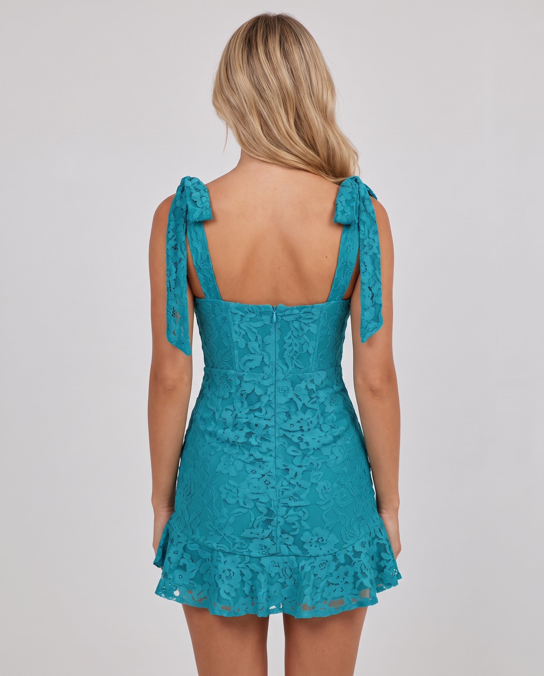Floral Lace Sleeveless Square Neck Fitted Mini Dress with Tie Straps for Party, Cocktail, Homecoming, Evening, Summer & Weddi