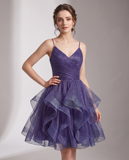 Glitter Tulle Satin Sleeveless V-Neck A-Line Mini Dress for Party, Prom, Cocktail, Evening, Summer & Wedding Guest Events in 