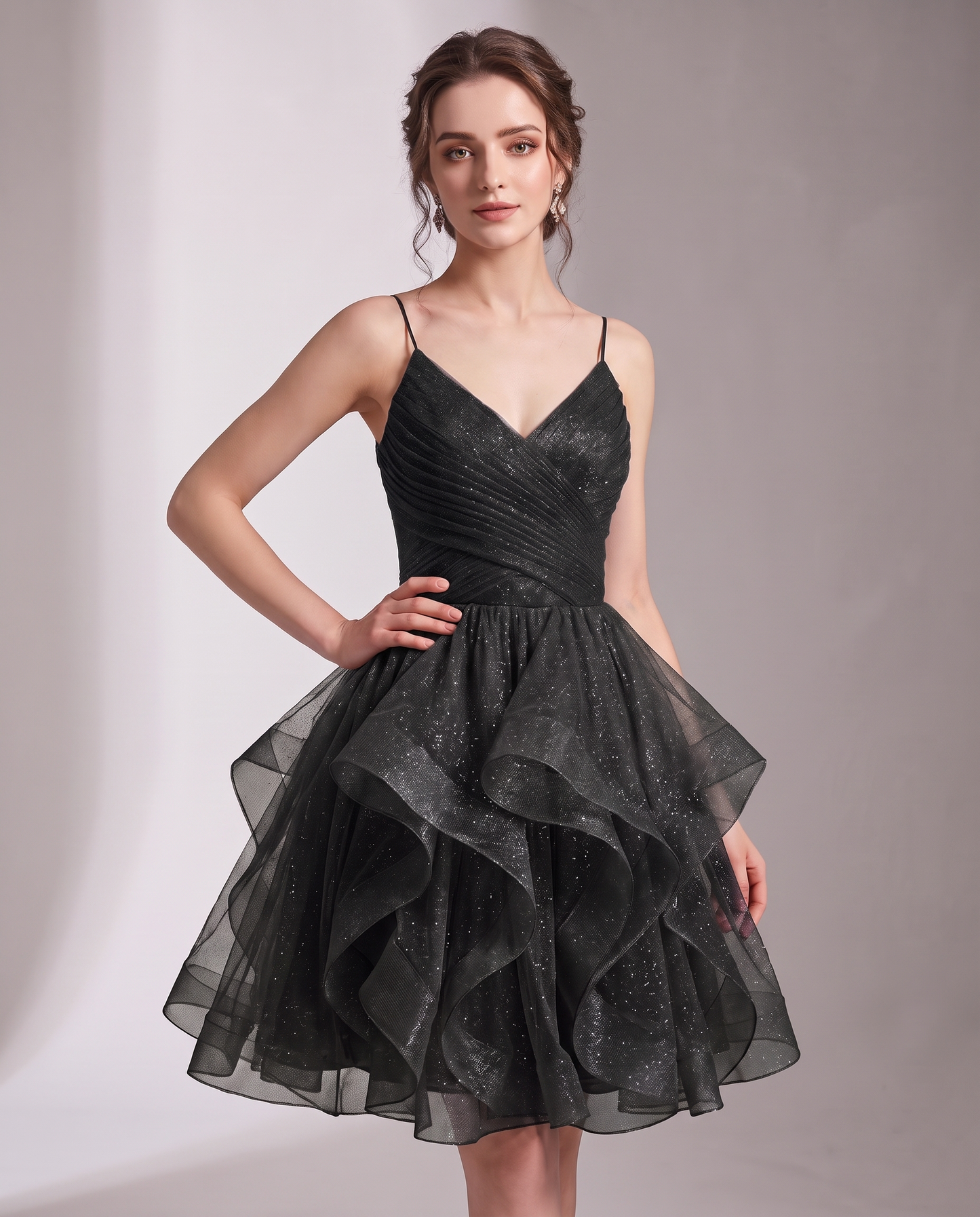 Glitter Tulle Satin Sleeveless V-Neck A-Line Mini Dress for Party, Prom, Cocktail, Evening, Summer & Wedding Guest Events in 