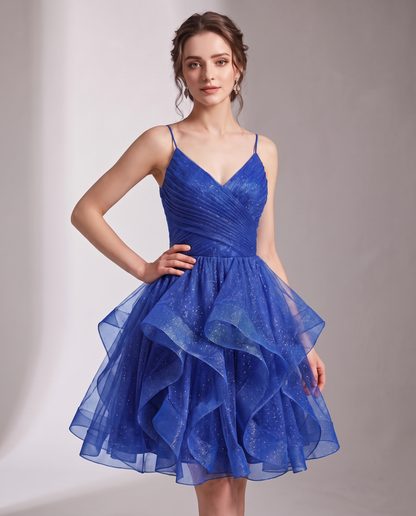 Glitter Tulle Satin Sleeveless V-Neck A-Line Mini Dress for Party, Prom, Cocktail, Evening, Summer & Wedding Guest Events in 