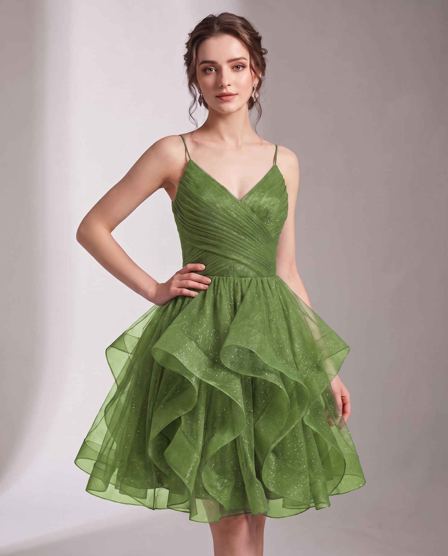 Glitter Tulle Satin Sleeveless V-Neck A-Line Mini Dress for Party, Prom, Cocktail, Evening, Summer & Wedding Guest Events in 