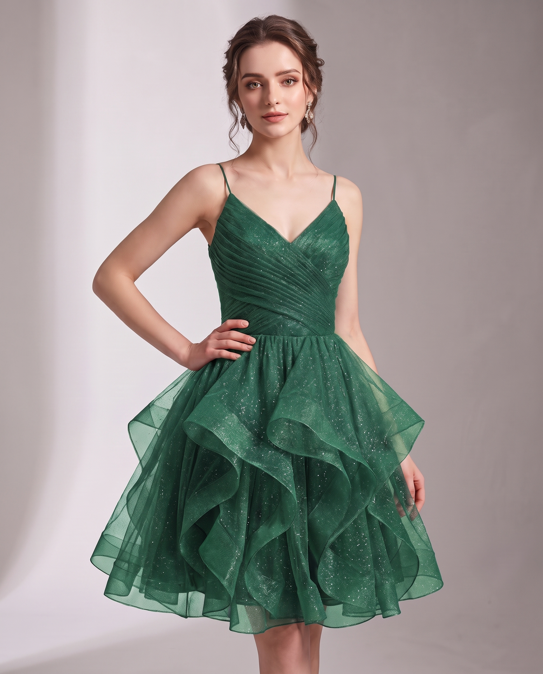 Glitter Tulle Satin Sleeveless V-Neck A-Line Mini Dress for Party, Prom, Cocktail, Evening, Summer & Wedding Guest Events in 